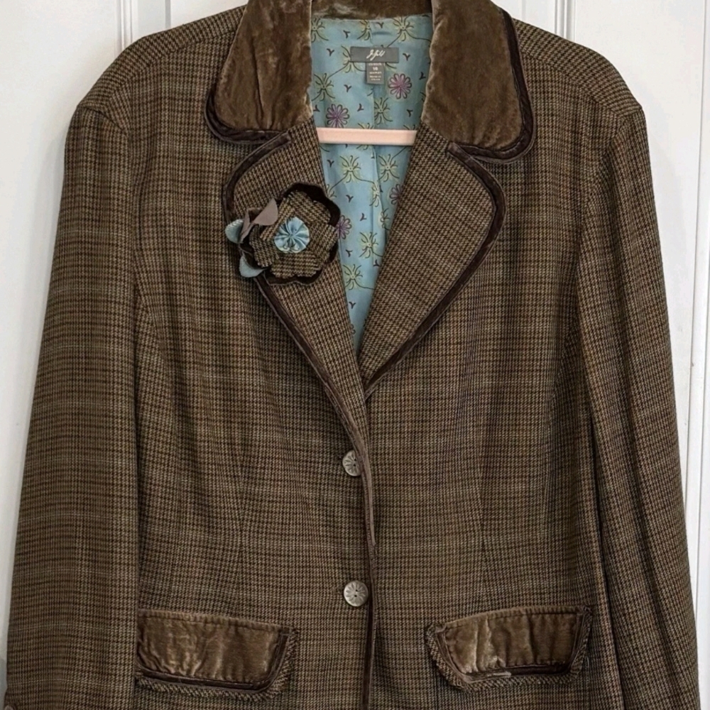 J. Jill Brown Plaid Blazer with Velvet Trim